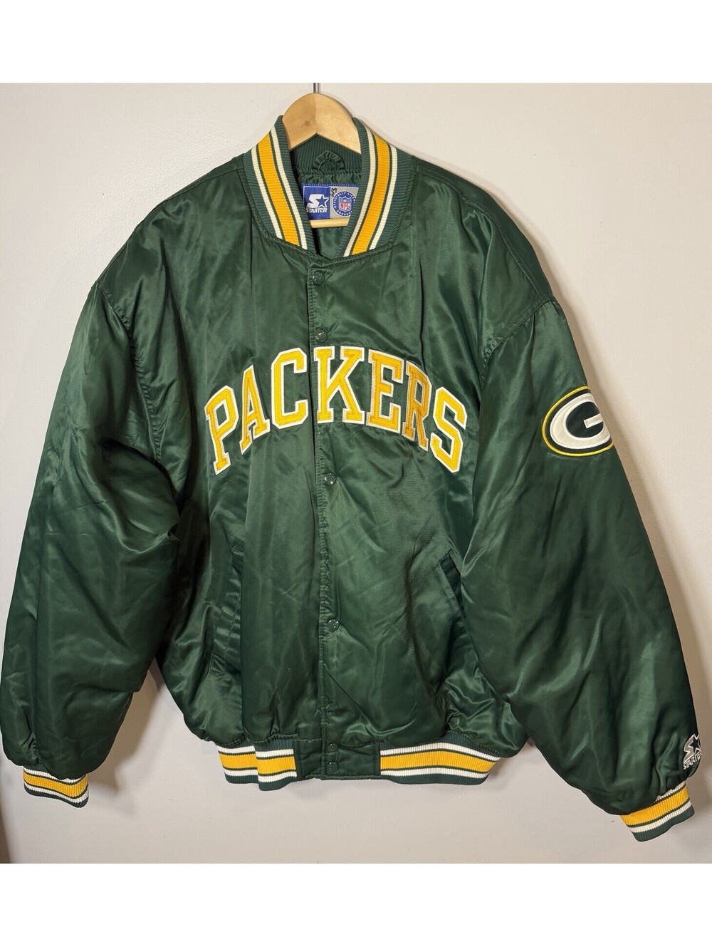 VTG Green Bay Packers Starter Satin Jacket 2XL XXL Bomber 90’s Spellout Green